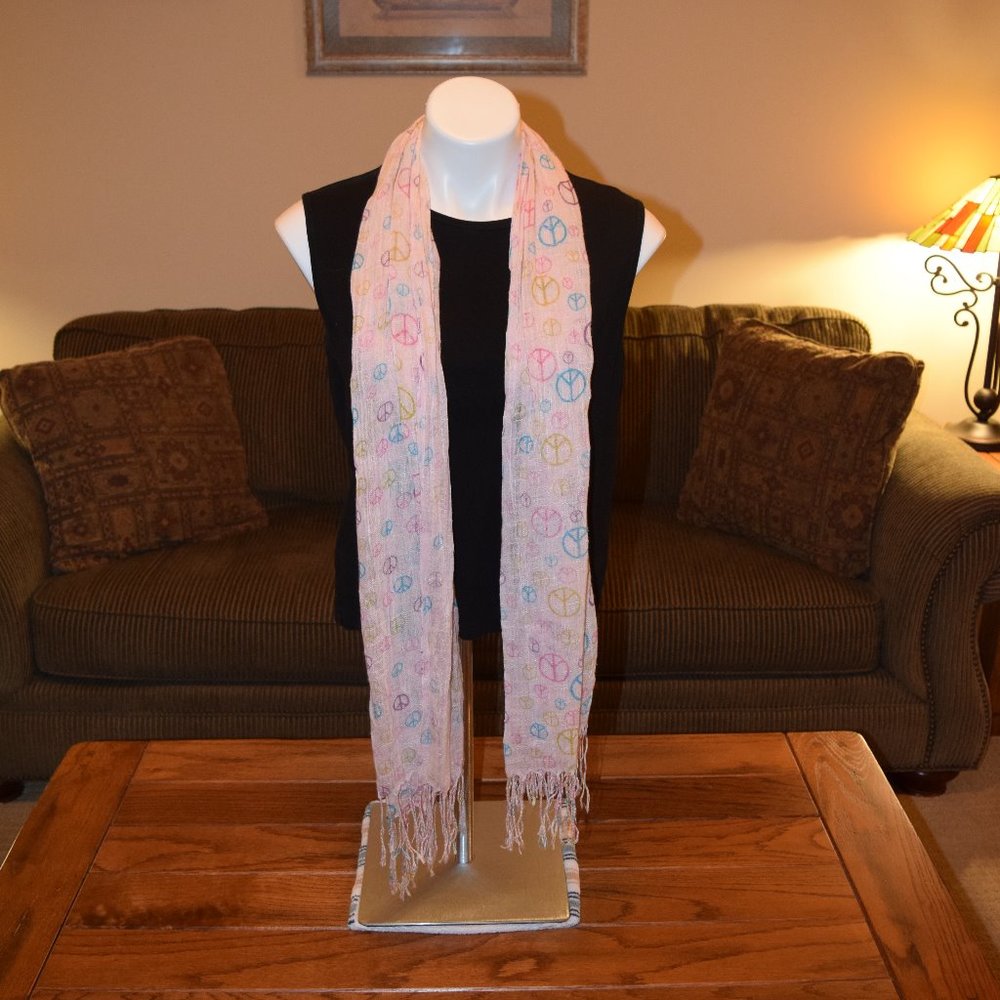 Pink Scarf with Peace Signs & Fringe